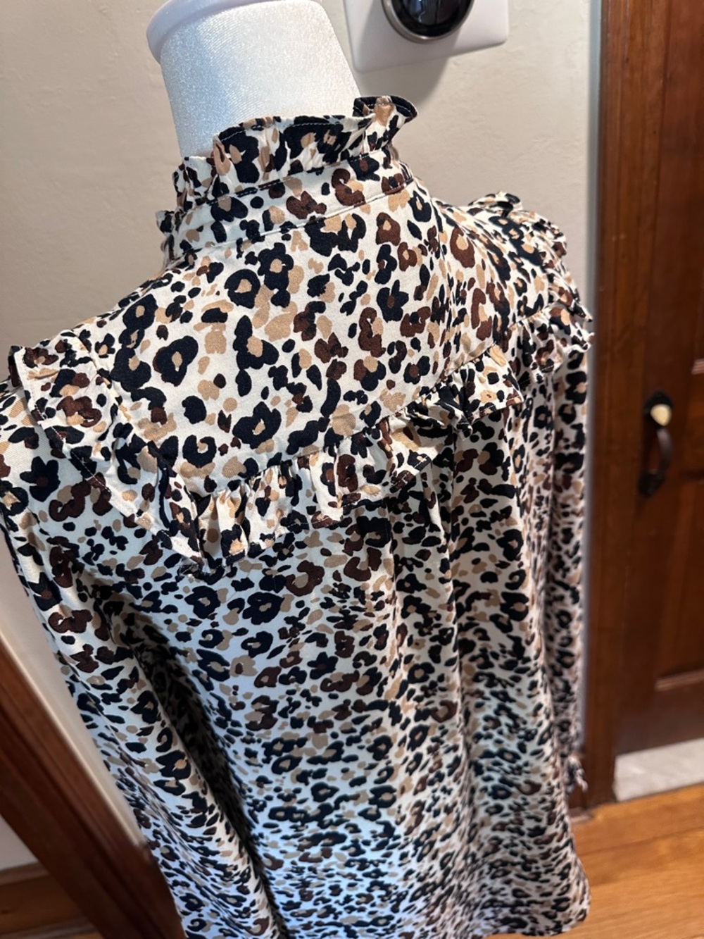 Maeve by Anthropologie Leopard Ruffle-Trim Button Blouse - Beige/Black/Brown - Picture 4 of 5